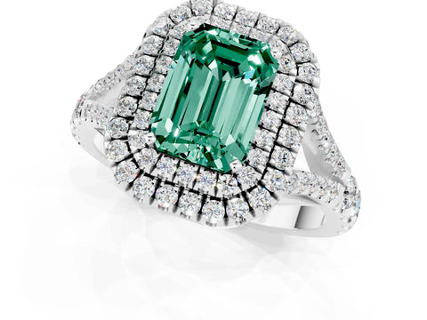 White gold Double Halo Emerald Cut Green Sapphire Pavé Split Shank Ring with Prong Setting_1