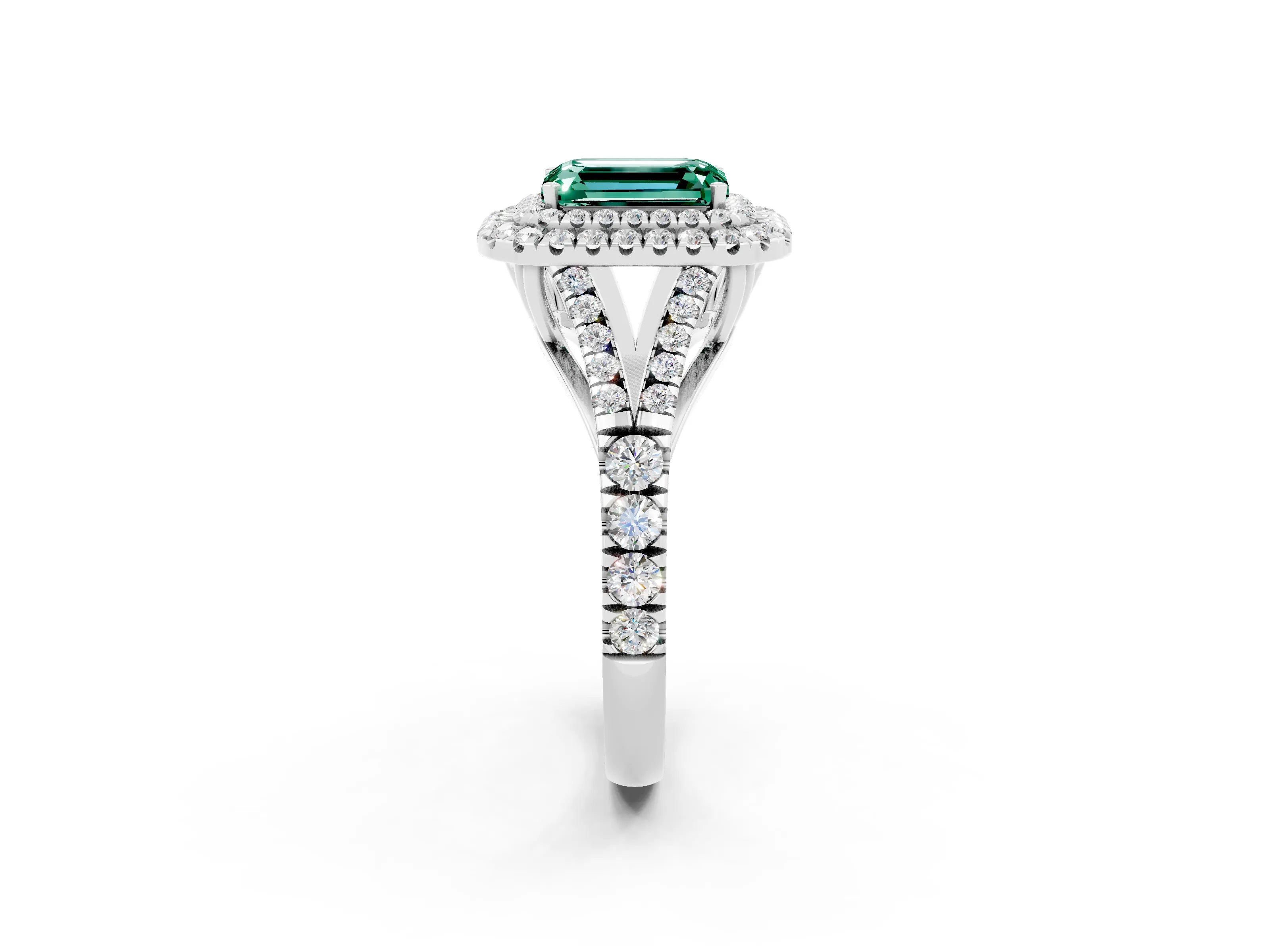 White gold Double Halo Emerald Cut Green Sapphire Pavé Split Shank Ring with Prong Setting_2