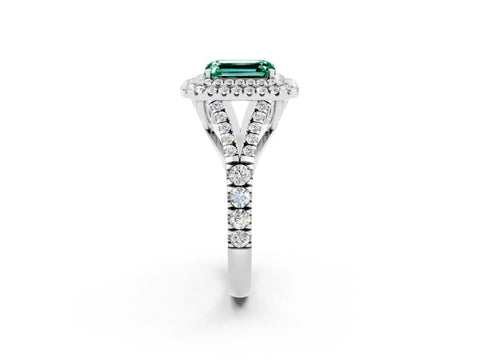 White gold Double Halo Emerald Cut Green Sapphire Pavé Split Shank Ring with Prong Setting_2