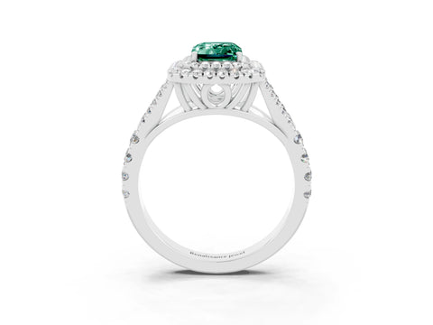 White gold Double Halo Emerald Cut Green Sapphire Pavé Split Shank Ring with Prong Setting_3