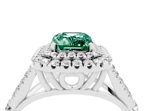 White gold Double Halo Emerald Cut Green Sapphire Pavé Split Shank Ring with Prong Setting_4