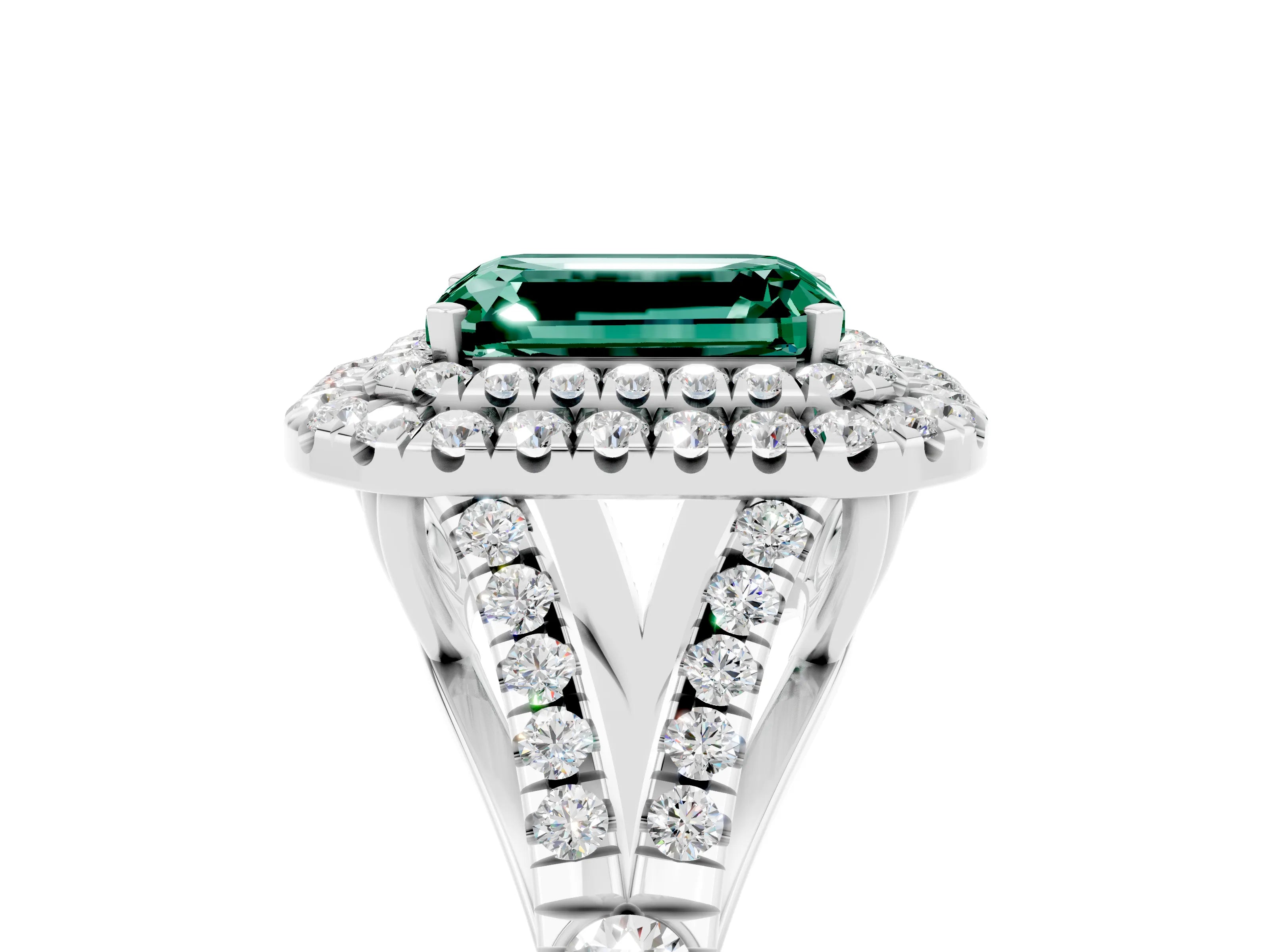 White gold Double Halo Emerald Cut Green Sapphire Pavé Split Shank Ring with Prong Setting_5