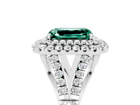 White gold Double Halo Emerald Cut Green Sapphire Pavé Split Shank Ring with Prong Setting_5