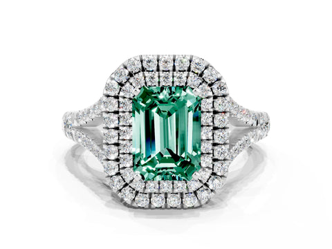 White gold Double Halo Emerald Cut Green Sapphire Pavé Split Shank Ring with Prong Setting