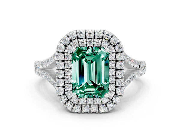 Platinum Double Halo Emerald Cut Green Sapphire Split Shank Engagement Ring with Four-Prong Setting
