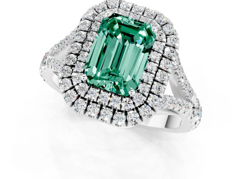 White gold Double Halo Emerald Cut Green Sapphire Split Shank Engagement Ring with Four-Prong Setting_1