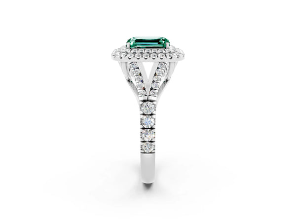 Platinum Double Halo Emerald Cut Green Sapphire Split Shank Engagement Ring with Four-Prong Setting