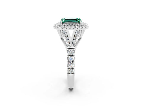 White gold Double Halo Emerald Cut Green Sapphire Split Shank Engagement Ring with Four-Prong Setting_2