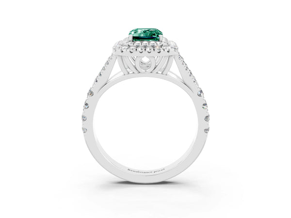 Platinum Double Halo Emerald Cut Green Sapphire Split Shank Engagement Ring with Four-Prong Setting