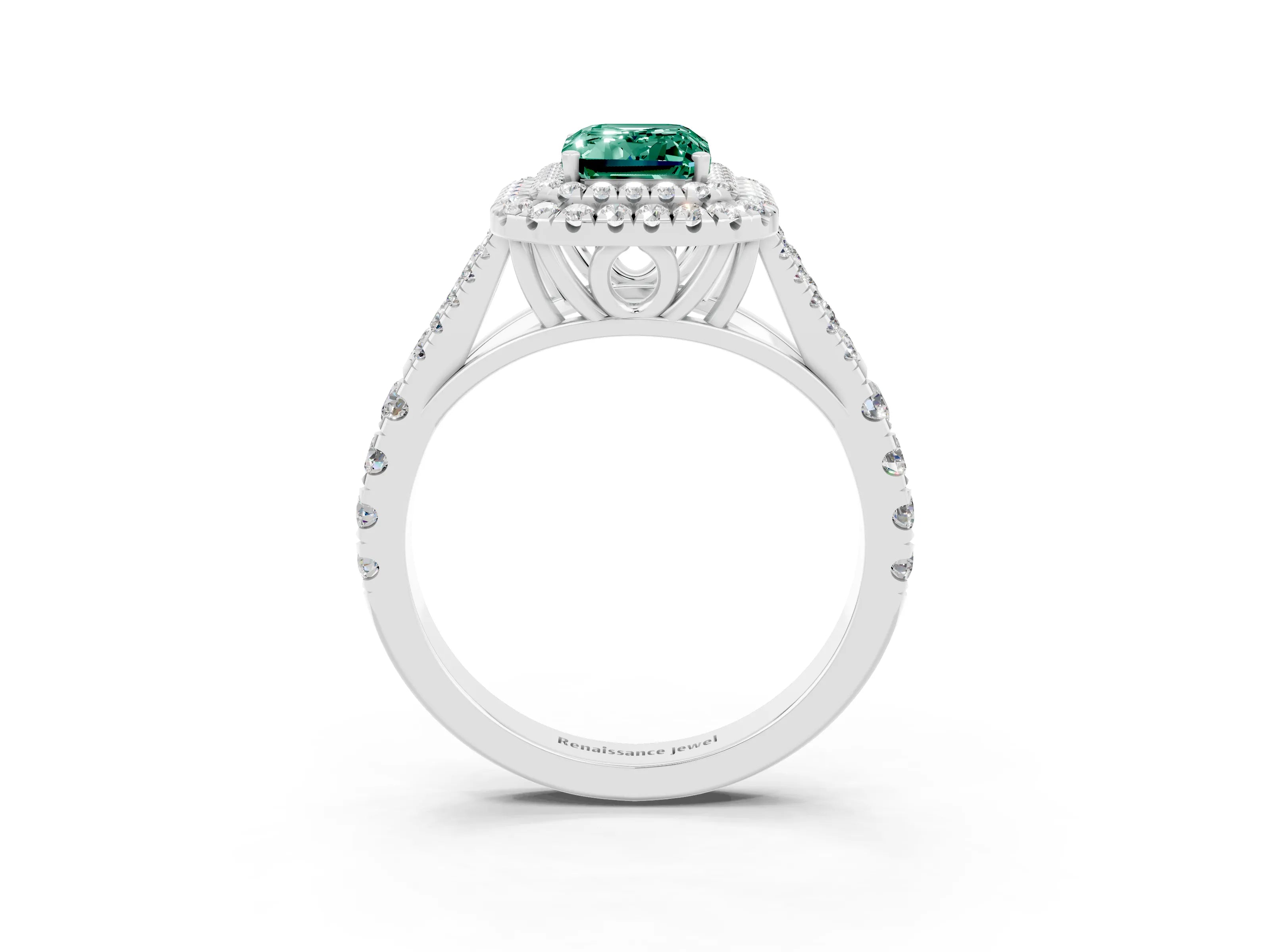 White gold Double Halo Emerald Cut Green Sapphire Split Shank Engagement Ring with Four-Prong Setting_3