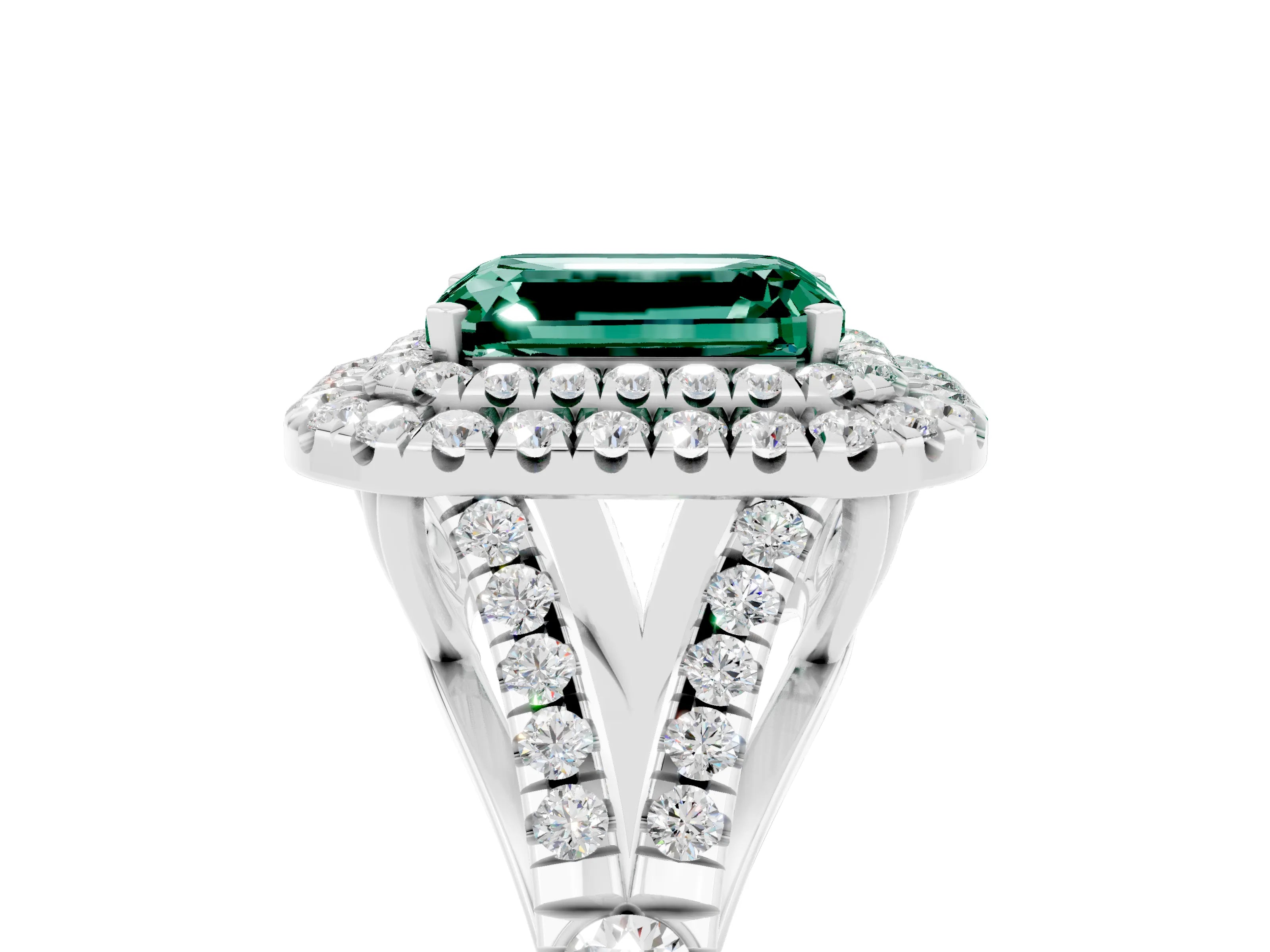 White gold Double Halo Emerald Cut Green Sapphire Split Shank Engagement Ring with Four-Prong Setting_5