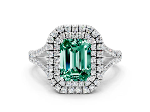 White gold Double Halo Emerald Cut Green Sapphire Split Shank Engagement Ring with Four-Prong Setting