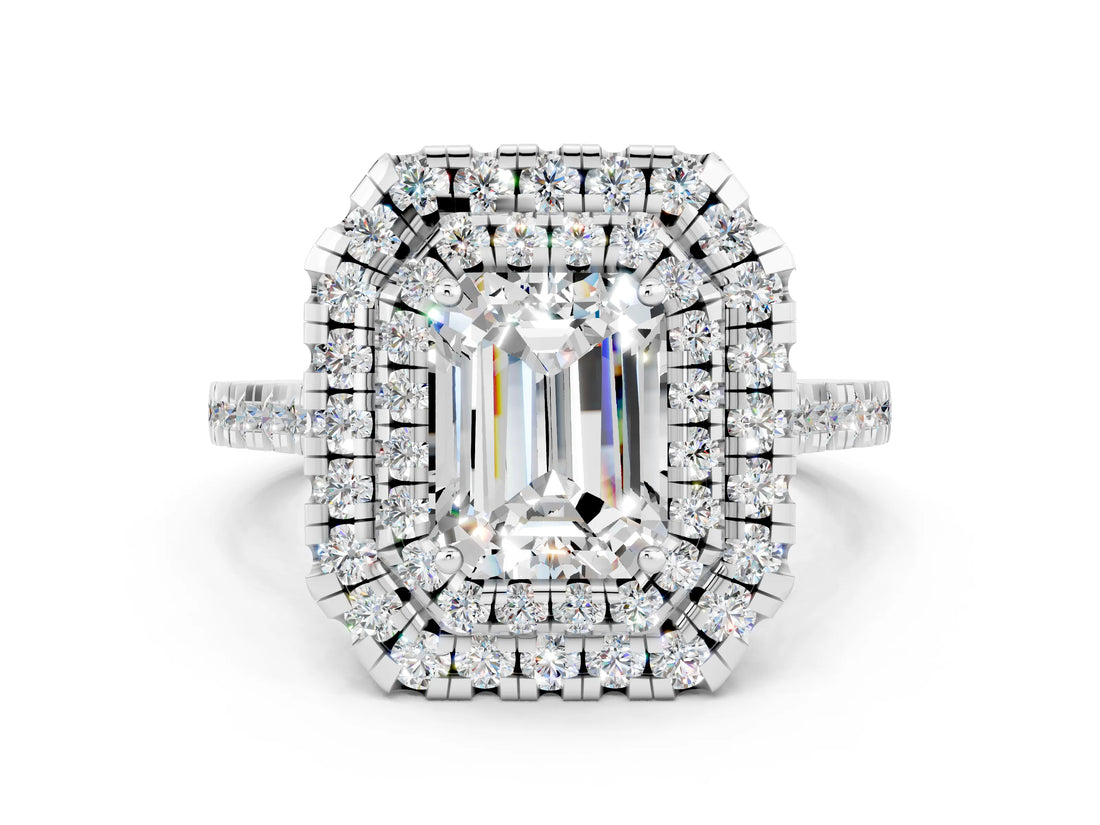 White gold Double Halo Emerald Cut Moissanite Pavé Band with Four-Prong Setting