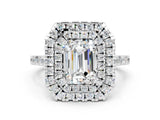 White gold Double Halo Emerald Cut Moissanite Pavé Band with Four-Prong Setting