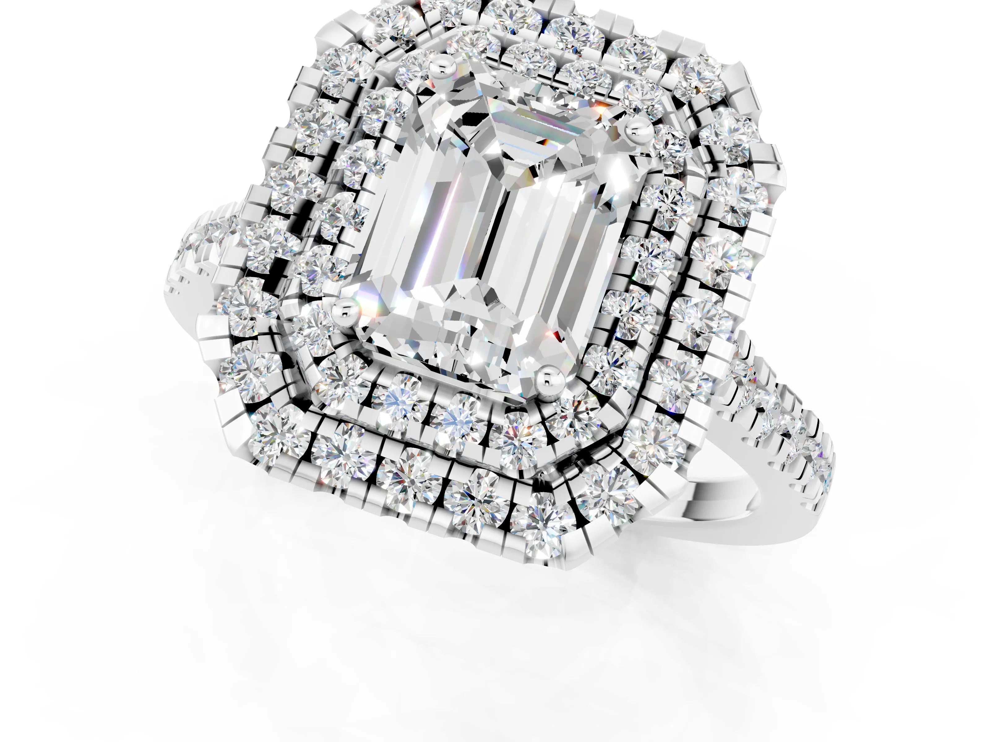 White gold Double Halo Emerald Cut Moissanite Pavé Band with Four-Prong Setting_1