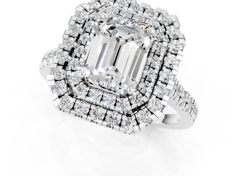 White gold Double Halo Emerald Cut Moissanite Pavé Band with Four-Prong Setting_1