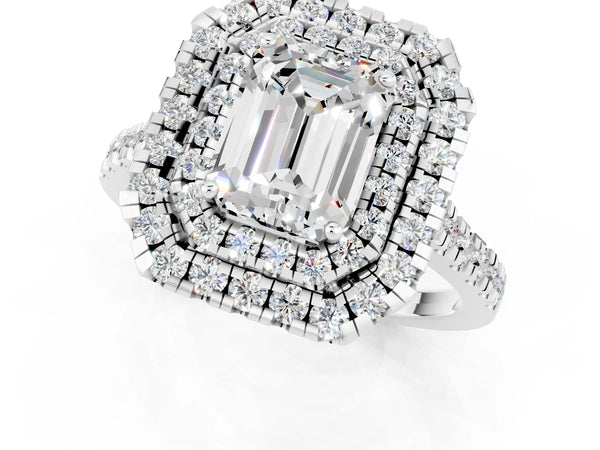 White gold Double Halo Emerald Cut Moissanite Pavé Band with Four-Prong Setting