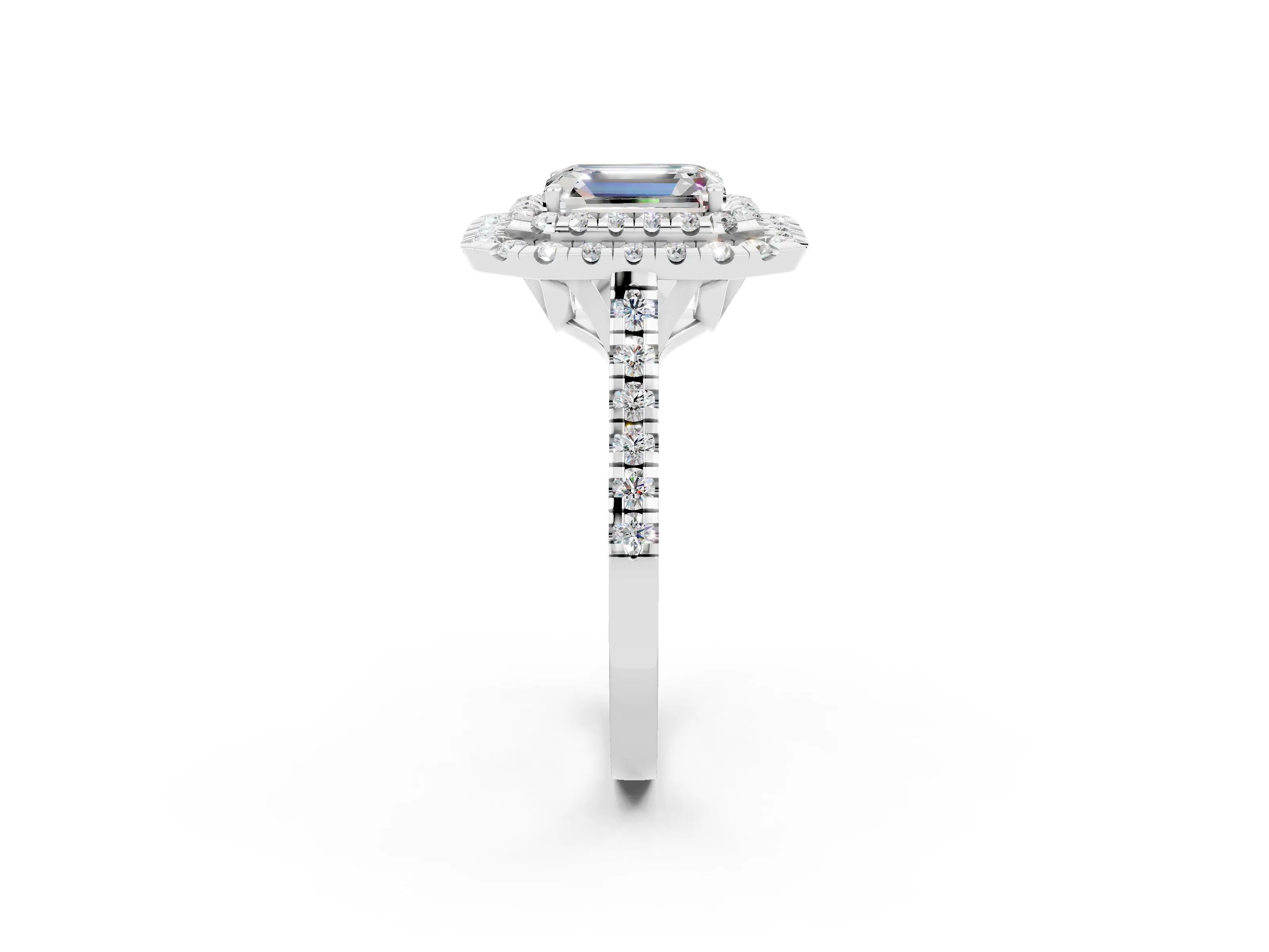 White gold Double Halo Emerald Cut Moissanite Pavé Band with Four-Prong Setting_2