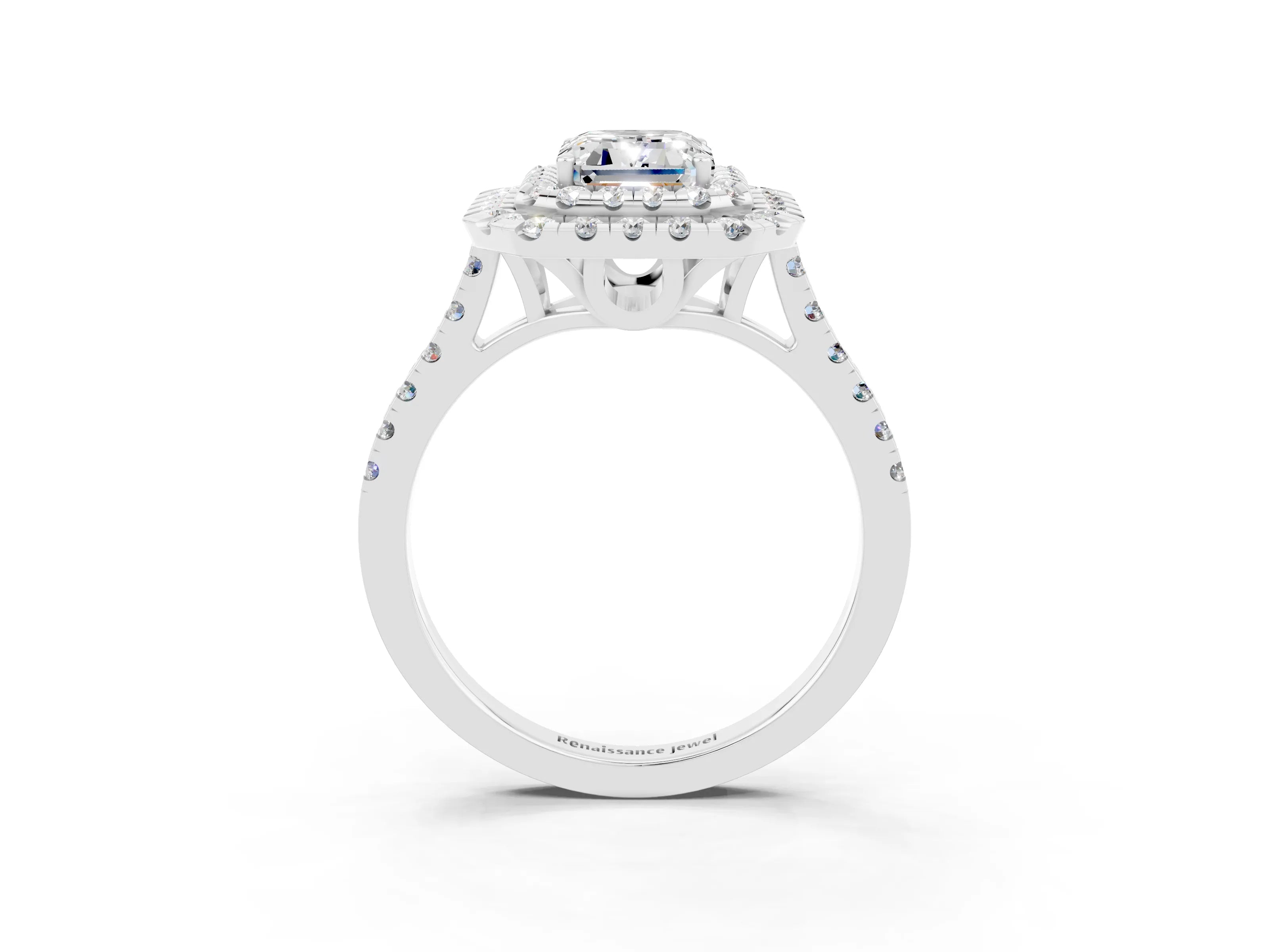 White gold Double Halo Emerald Cut Moissanite Pavé Band with Four-Prong Setting_3