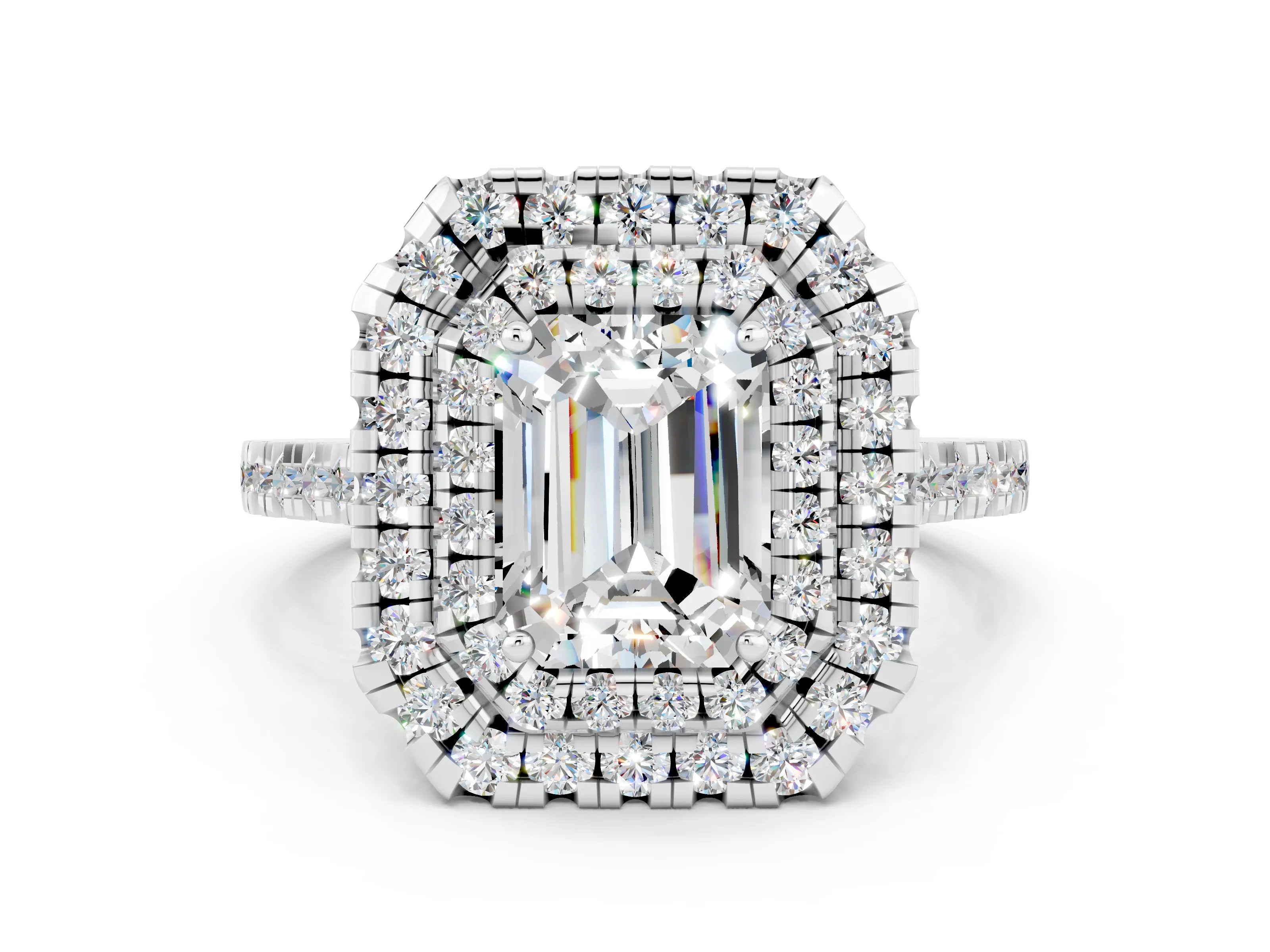 White gold Double Halo Emerald Cut Moissanite Pavé Band with Four-Prong Setting