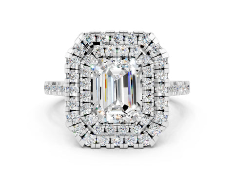 White gold Double Halo Emerald Cut Moissanite Pavé Band with Four-Prong Setting
