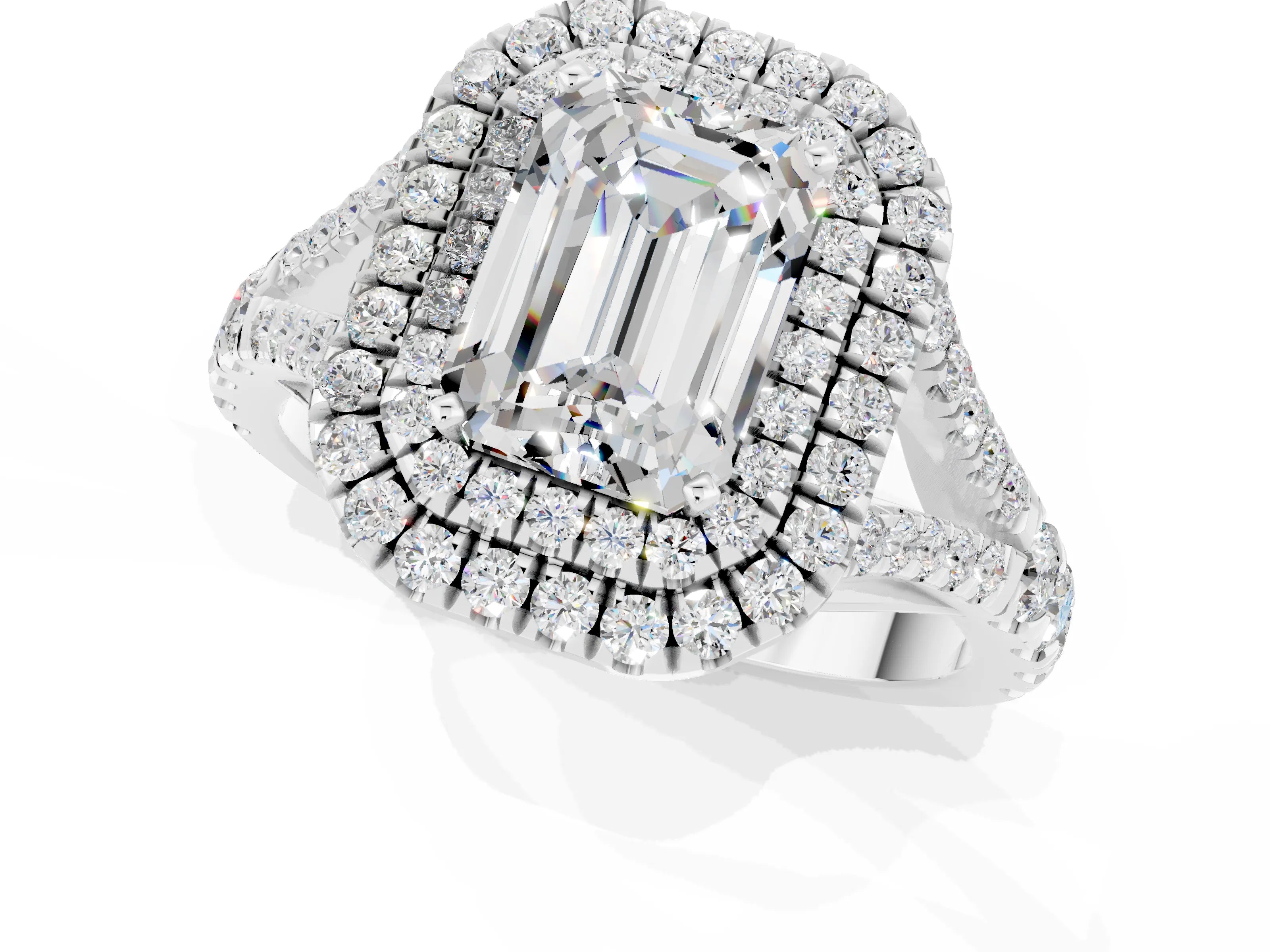 White gold Double Halo Emerald Cut Moissanite Pavé Split Shank Ring with Prong Setting_1
