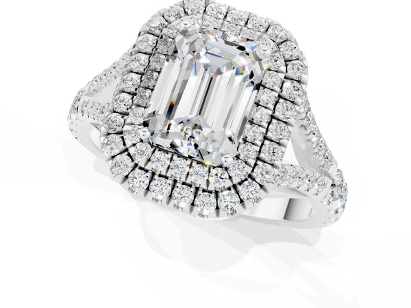 White gold Double Halo Emerald Cut Moissanite Pavé Split Shank Ring with Prong Setting