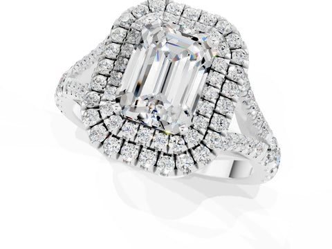 White gold Double Halo Emerald Cut Moissanite Pavé Split Shank Ring with Prong Setting_1
