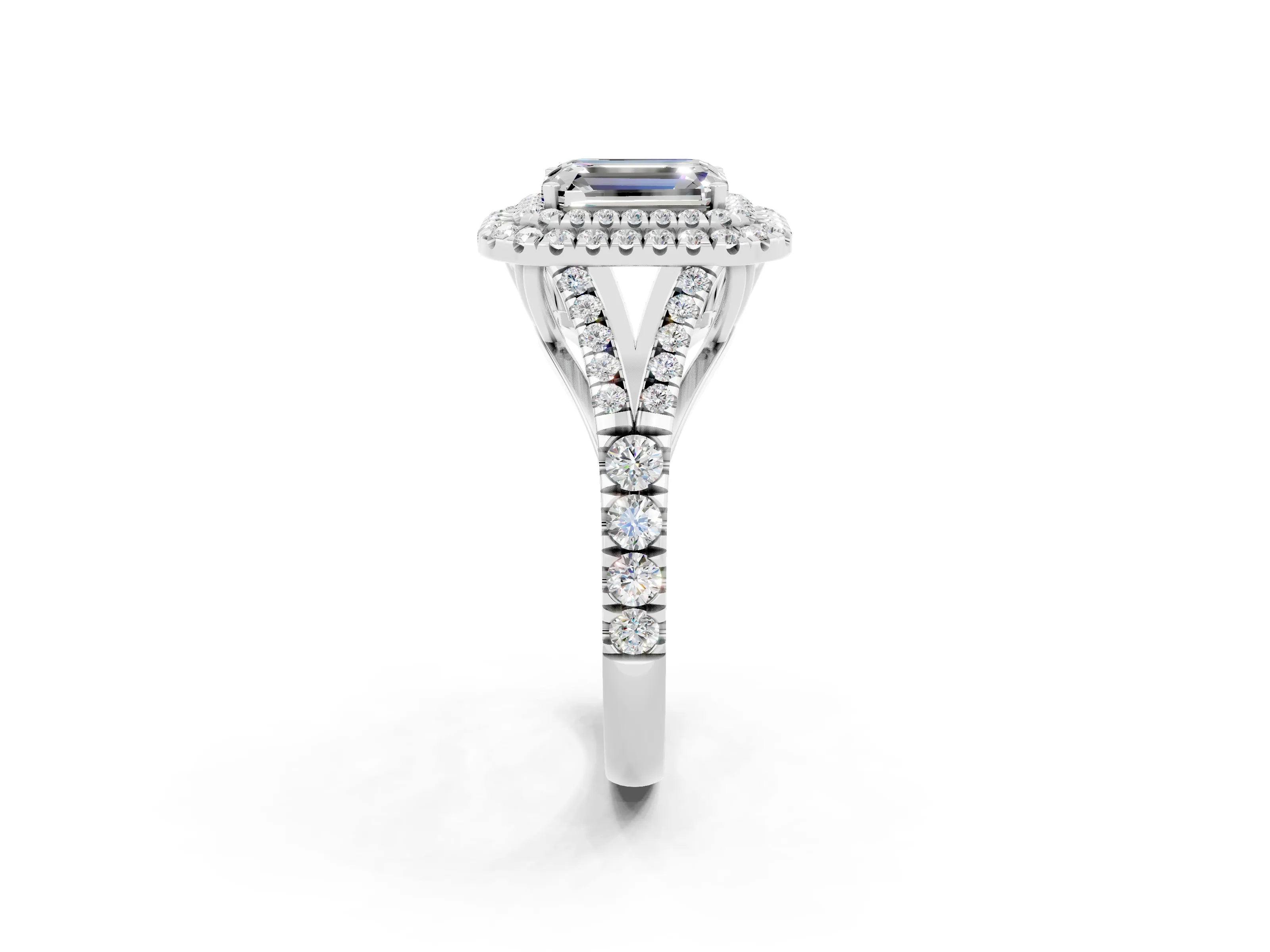 White gold Double Halo Emerald Cut Moissanite Pavé Split Shank Ring with Prong Setting_2