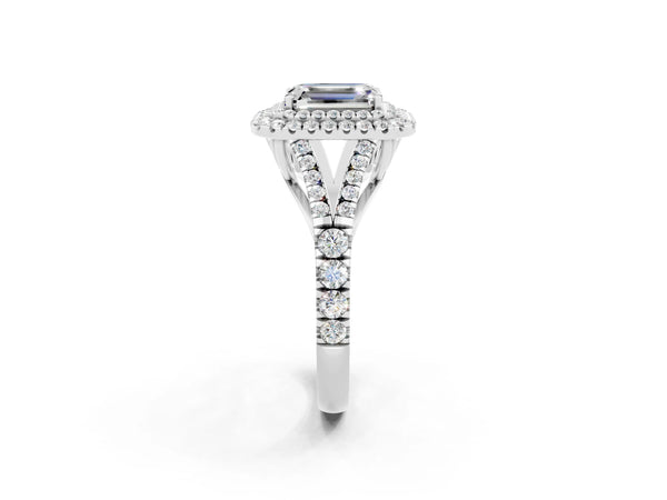 White gold Double Halo Emerald Cut Moissanite Pavé Split Shank Ring with Prong Setting