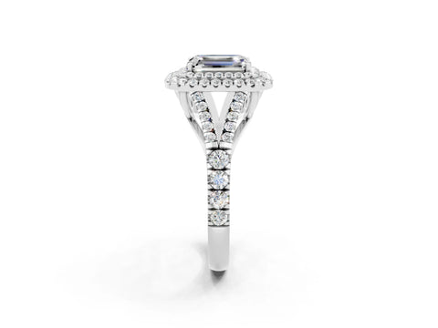 White gold Double Halo Emerald Cut Moissanite Pavé Split Shank Ring with Prong Setting_2