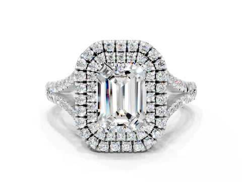 White gold Double Halo Emerald Cut Moissanite Pavé Split Shank Ring with Prong Setting