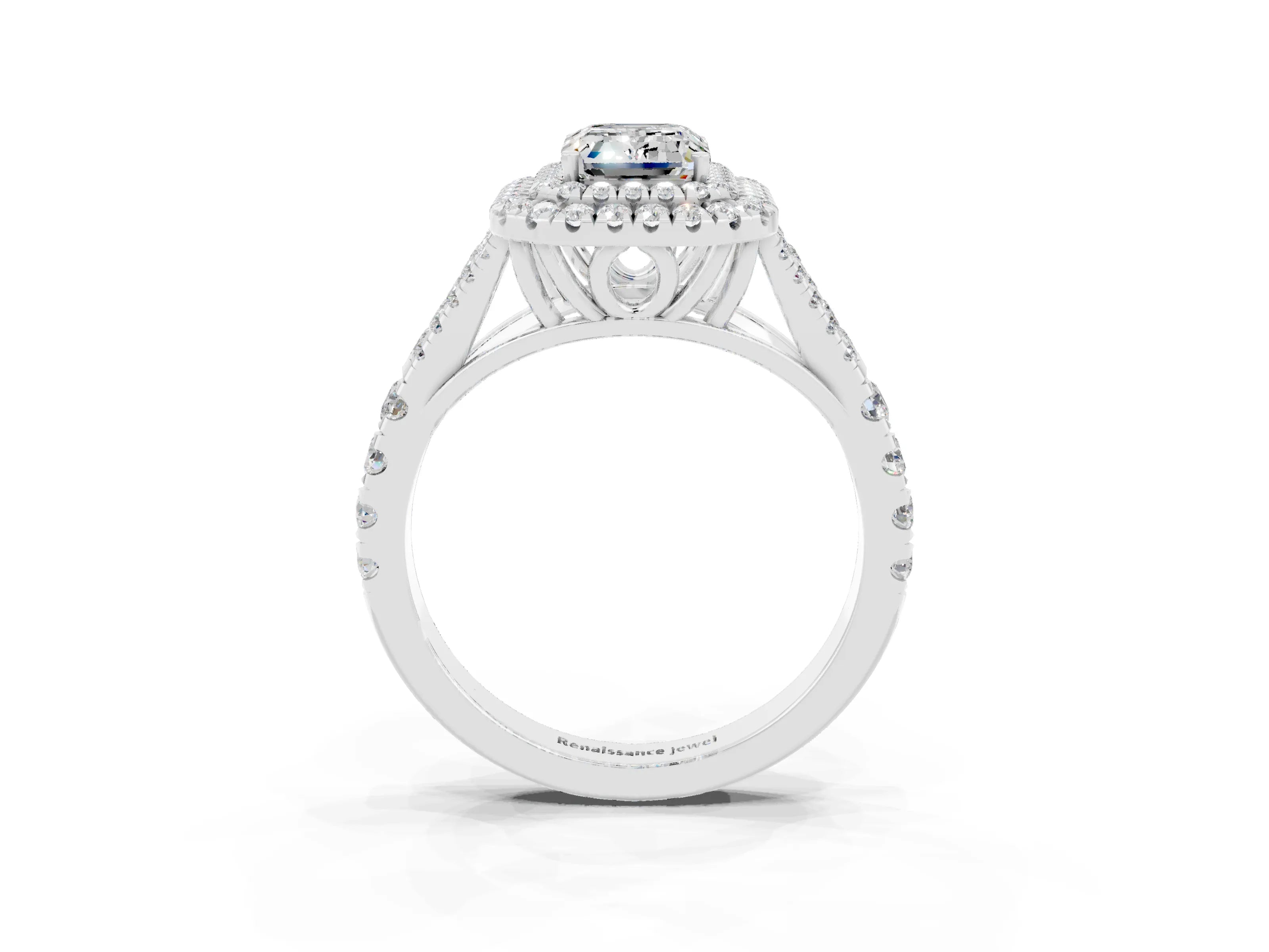 White gold Double Halo Emerald Cut Moissanite Pavé Split Shank Ring with Prong Setting_3