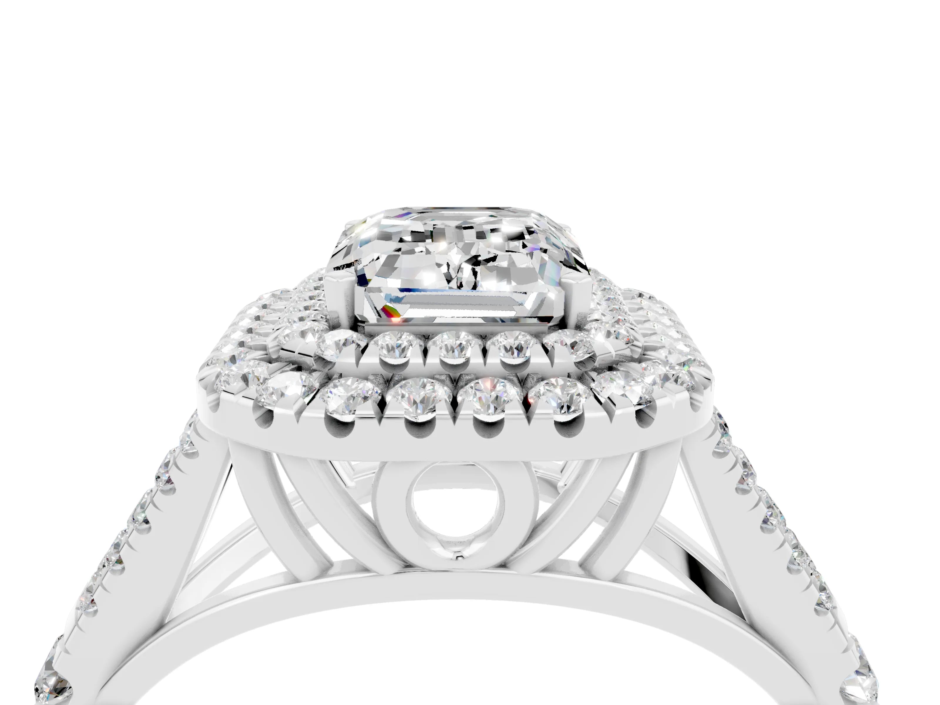 White gold Double Halo Emerald Cut Moissanite Pavé Split Shank Ring with Prong Setting_4