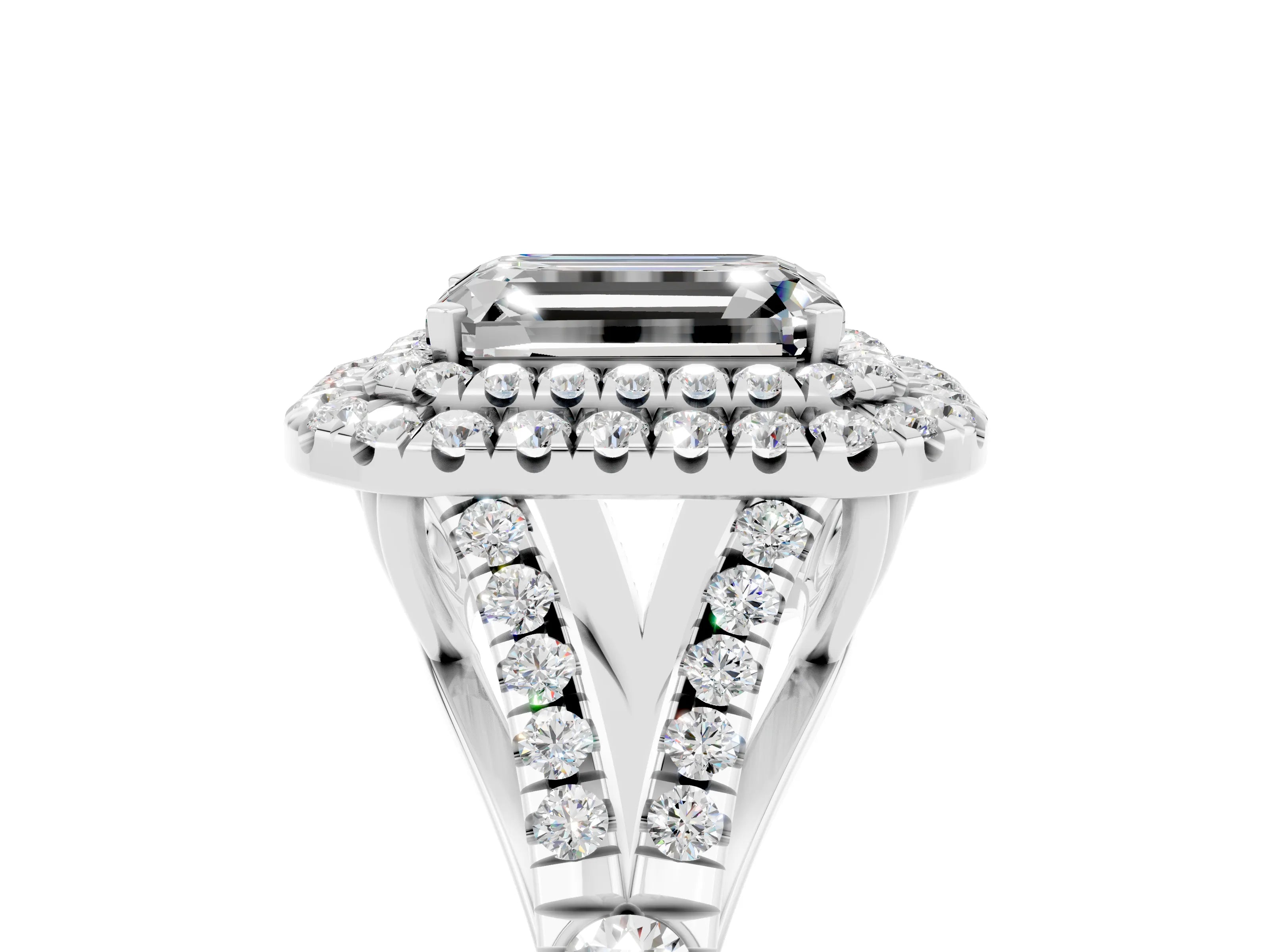 White gold Double Halo Emerald Cut Moissanite Pavé Split Shank Ring with Prong Setting_5
