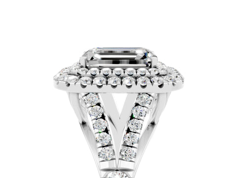 White gold Double Halo Emerald Cut Moissanite Pavé Split Shank Ring with Prong Setting_5