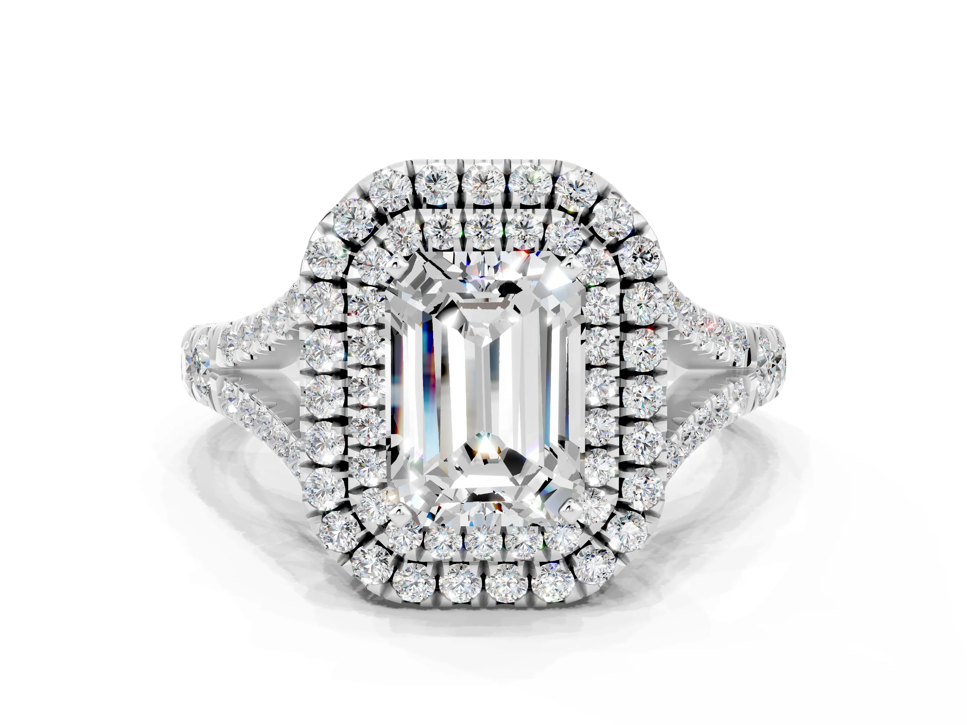 White gold Double Halo Emerald Cut Moissanite Pavé Split Shank Ring with Prong Setting
