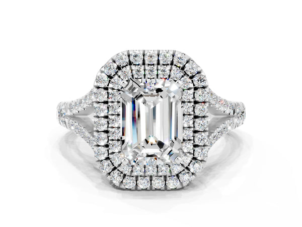 White gold Double Halo Emerald Cut Moissanite Pavé Split Shank Ring with Prong Setting