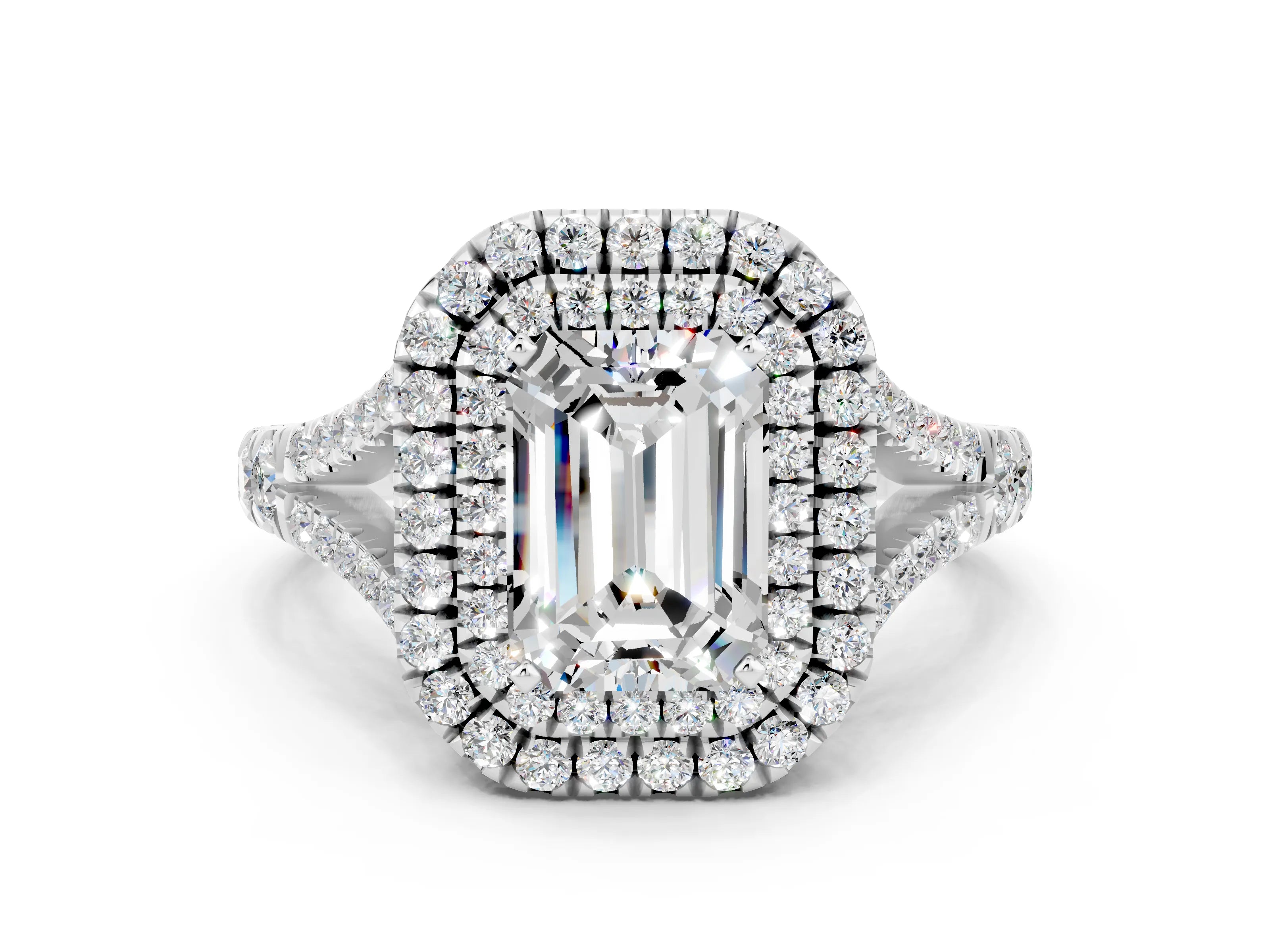 White gold Double Halo Emerald Cut Moissanite Split Shank Engagement Ring with Four-Prong Setting