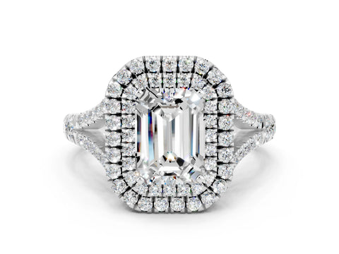 White gold Double Halo Emerald Cut Moissanite Split Shank Engagement Ring with Four-Prong Setting