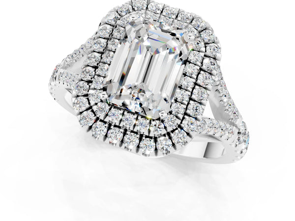 White gold Double Halo Emerald Cut Moissanite Split Shank Engagement Ring with Four-Prong Setting