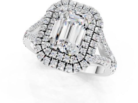 White gold Double Halo Emerald Cut Moissanite Split Shank Engagement Ring with Four-Prong Setting_1