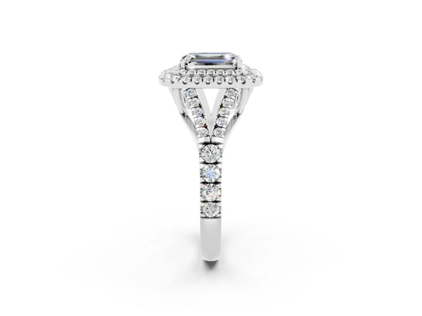 Platinum Double Halo Emerald Cut Moissanite Split Shank Engagement Ring with Four-Prong Setting