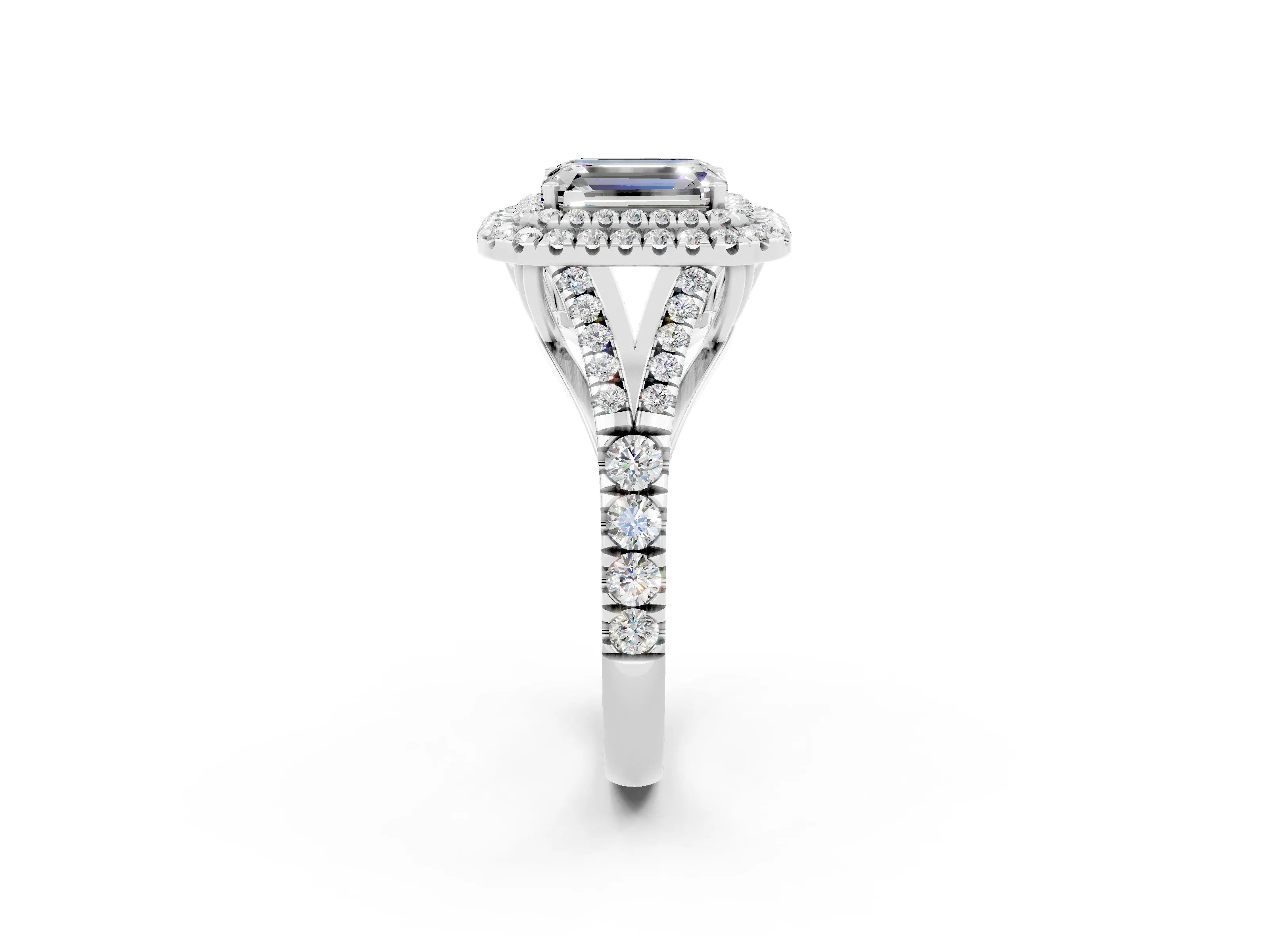 White gold Double Halo Emerald Cut Moissanite Split Shank Engagement Ring with Four-Prong Setting_2