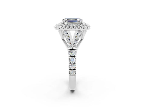 White gold Double Halo Emerald Cut Moissanite Split Shank Engagement Ring with Four-Prong Setting_2