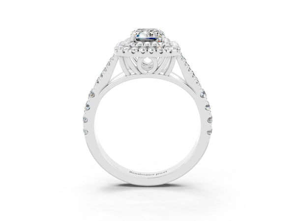 White gold Double Halo Emerald Cut Moissanite Split Shank Engagement Ring with Four-Prong Setting