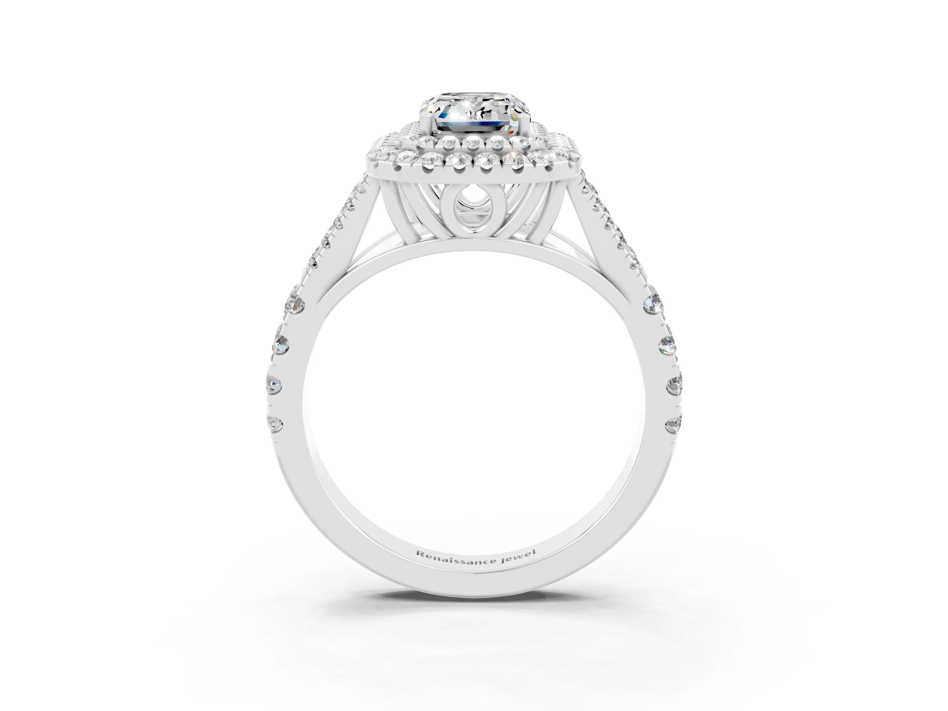 White gold Double Halo Emerald Cut Moissanite Split Shank Engagement Ring with Four-Prong Setting_3