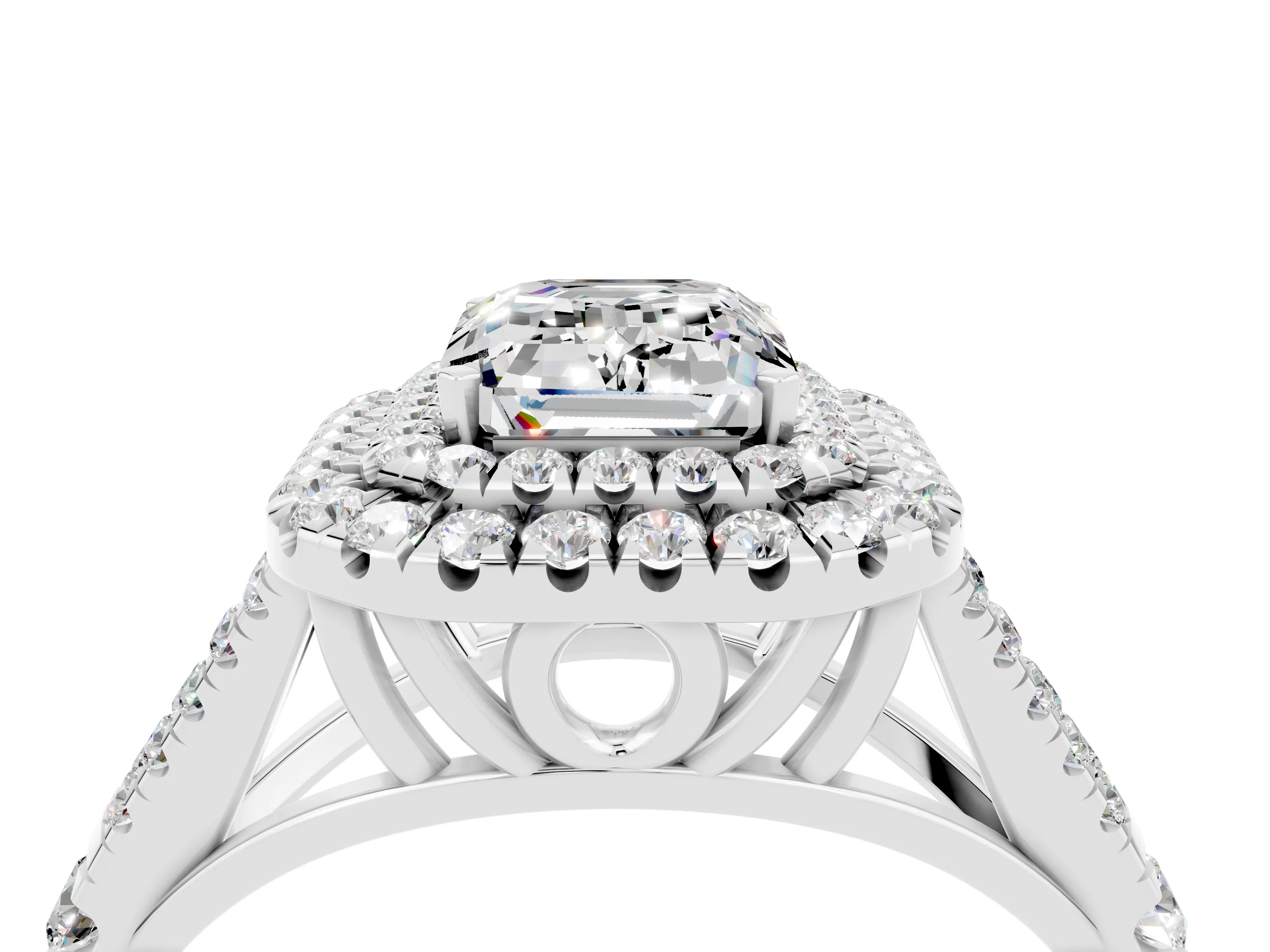 White gold Double Halo Emerald Cut Moissanite Split Shank Engagement Ring with Four-Prong Setting_4