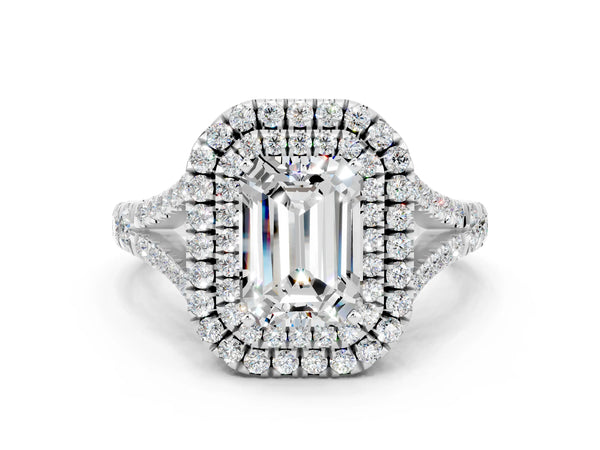 White gold Double Halo Emerald Cut Moissanite Split Shank Engagement Ring with Four-Prong Setting