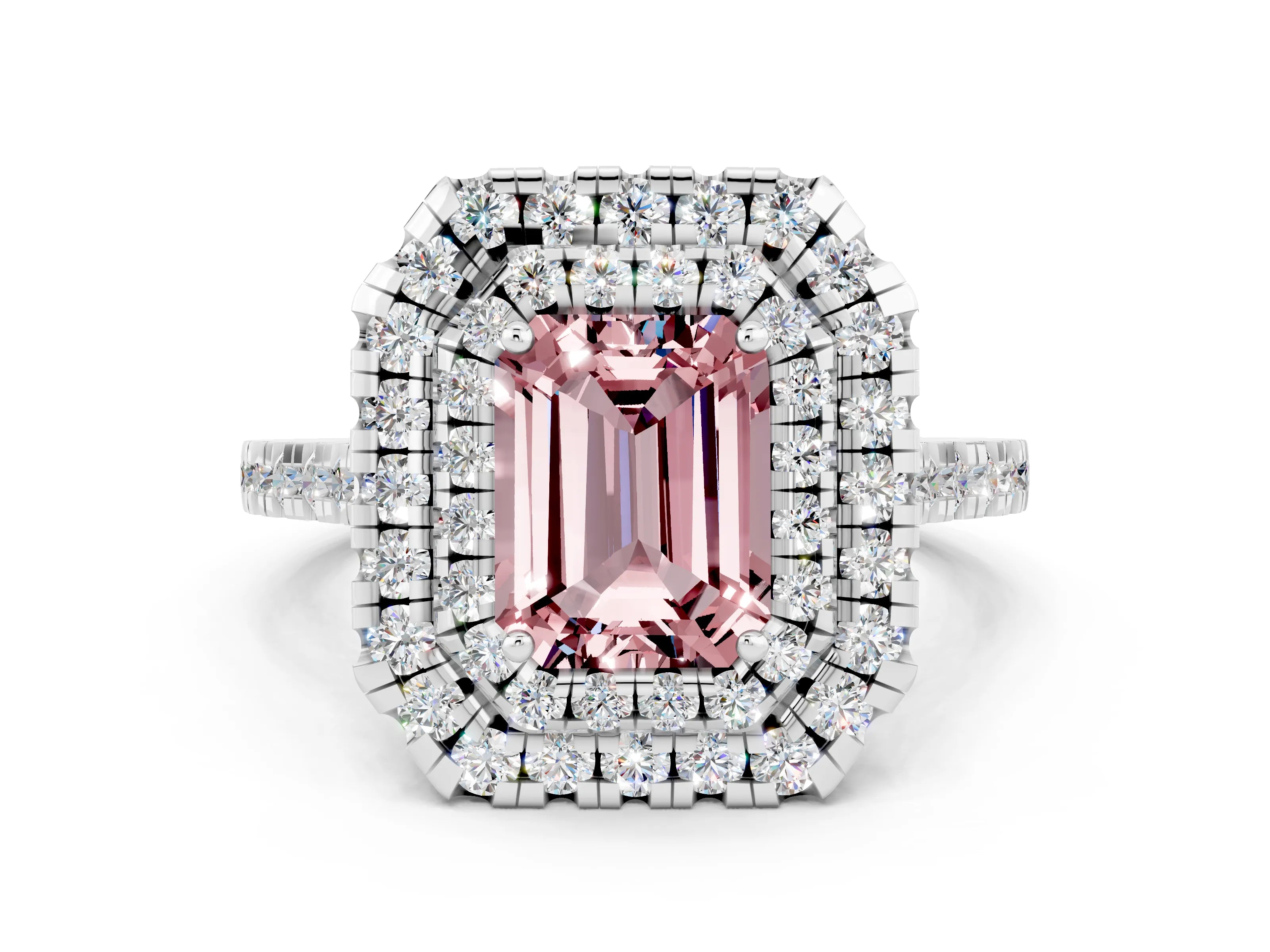 White gold Double Halo Emerald Cut Morganite Pavé Band with Four-Prong Setting